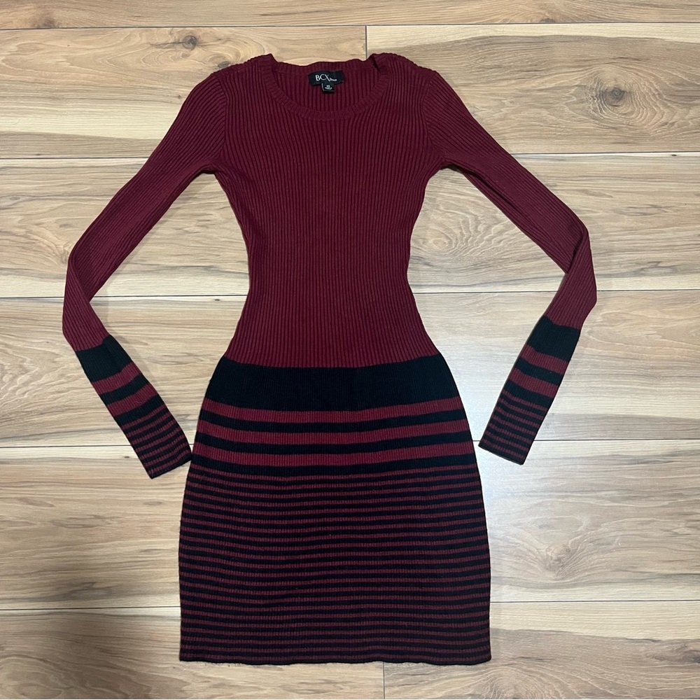 BCX Burgundy and Black Stripped Ribbed Long Sleeve Dress